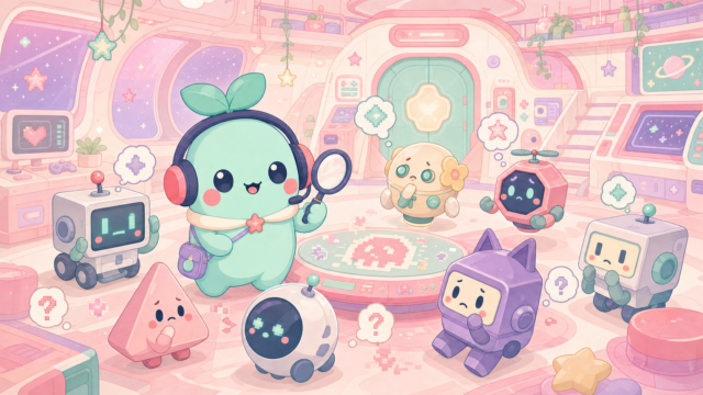 【Among Us】は今でも面白い？人狼系の定番を正直レビュー！のアイキャッチ。まめちゃんがゲームの世界を案内するイメージ