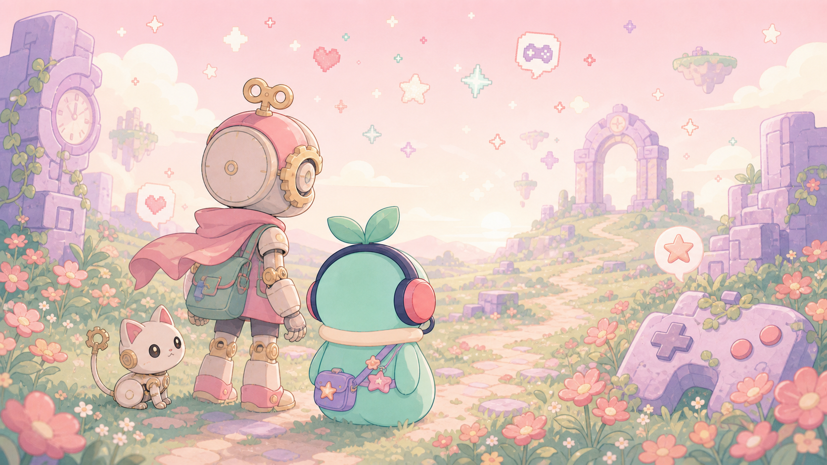 【アナザーエデン】は本当に面白い？ガチャ圧の少ないRPGを正直レビュー！ 草原に立つ主人公アルドと、その足元にちょこんと座る白い猫を斜め後ろから捉えたオープニングの一場面