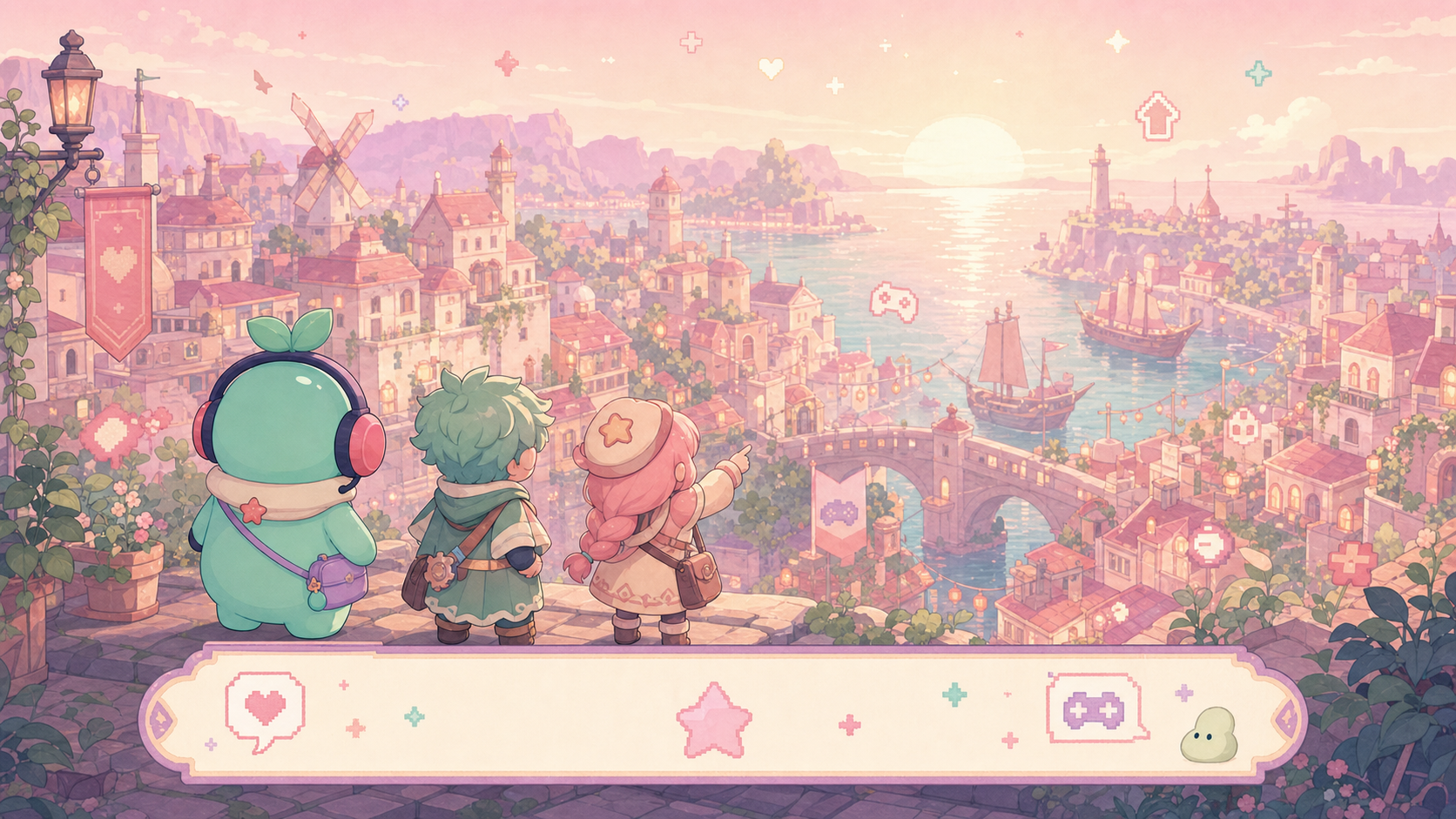 【アナザーエデン】は本当に面白い？ガチャ圧の少ないRPGを正直レビュー！ 夕暮れに染まる古びた港町を高台から見下ろす風景で、画面下部にクエスト会話のテキストウィンドウが表示されているシーン