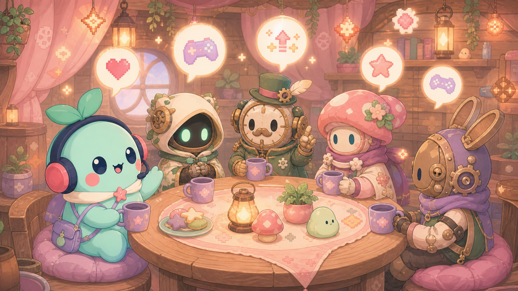 【アナザーエデン】は本当に面白い？ガチャ圧の少ないRPGを正直レビュー！ 酒場らしき木造の室内で、複数の仲間キャラクターが円卓を囲み、ランタンの灯りに照らされながら会話しているイベントシーン