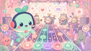 【バンドリ！ガルパ】は今から始めても面白い？感想＆レビュー！のアイキャッチ。まめちゃんがゲームの世界を案内するイメージ
