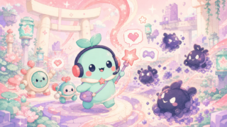 【ブレソル】は今から始めても面白い？11周年を迎えた爽快3Dアクションを正直レビュー！のアイキャッチ。まめちゃんがゲームの世界を案内するイメージ