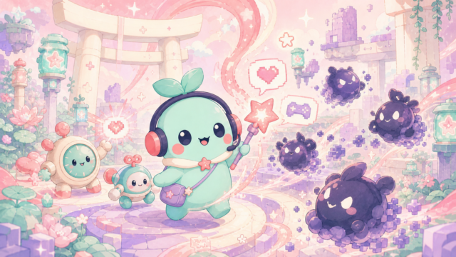【ブレソル】は今から始めても面白い？11周年を迎えた爽快3Dアクションを正直レビュー！のアイキャッチ。まめちゃんがゲームの世界を案内するイメージ