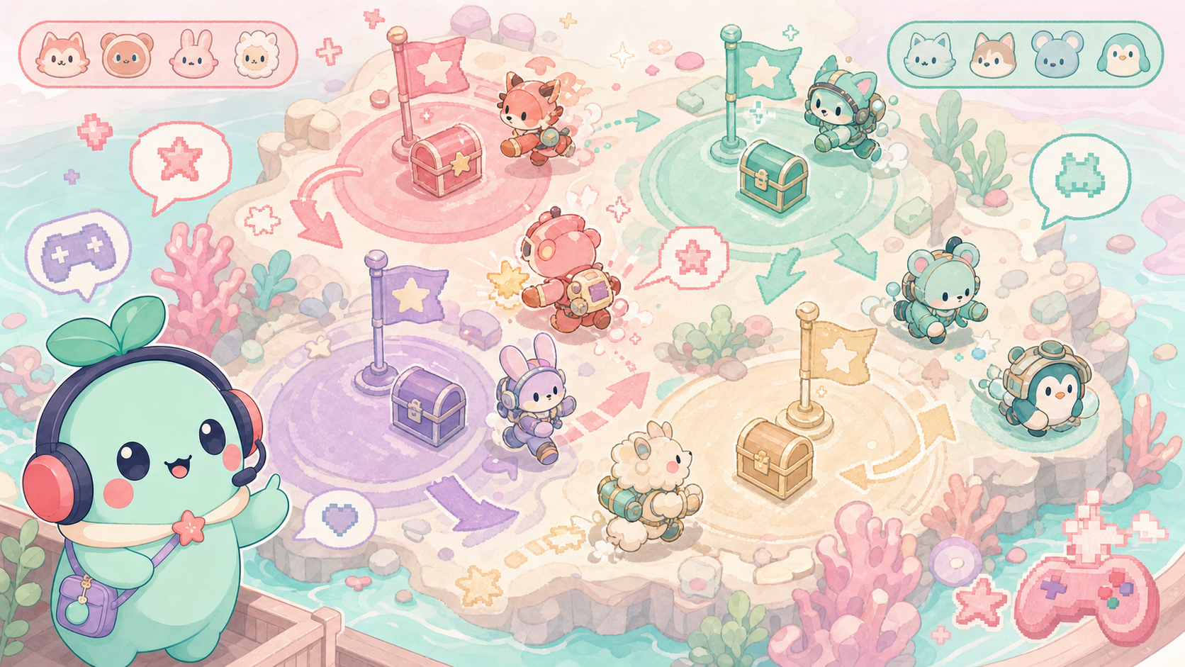 【ワンピース バウンティラッシュ】は今から始めても面白い？無課金でも遊べる？感想＆レビュー！ バトル画面のイメージ。4vs4でエリアを取り合っている様子
