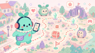 【ドラクエウォーク】は今から始めても面白い？無課金でも遊べる？感想＆レビュー！のアイキャッチ。まめちゃんがゲームの世界を案内するイメージ