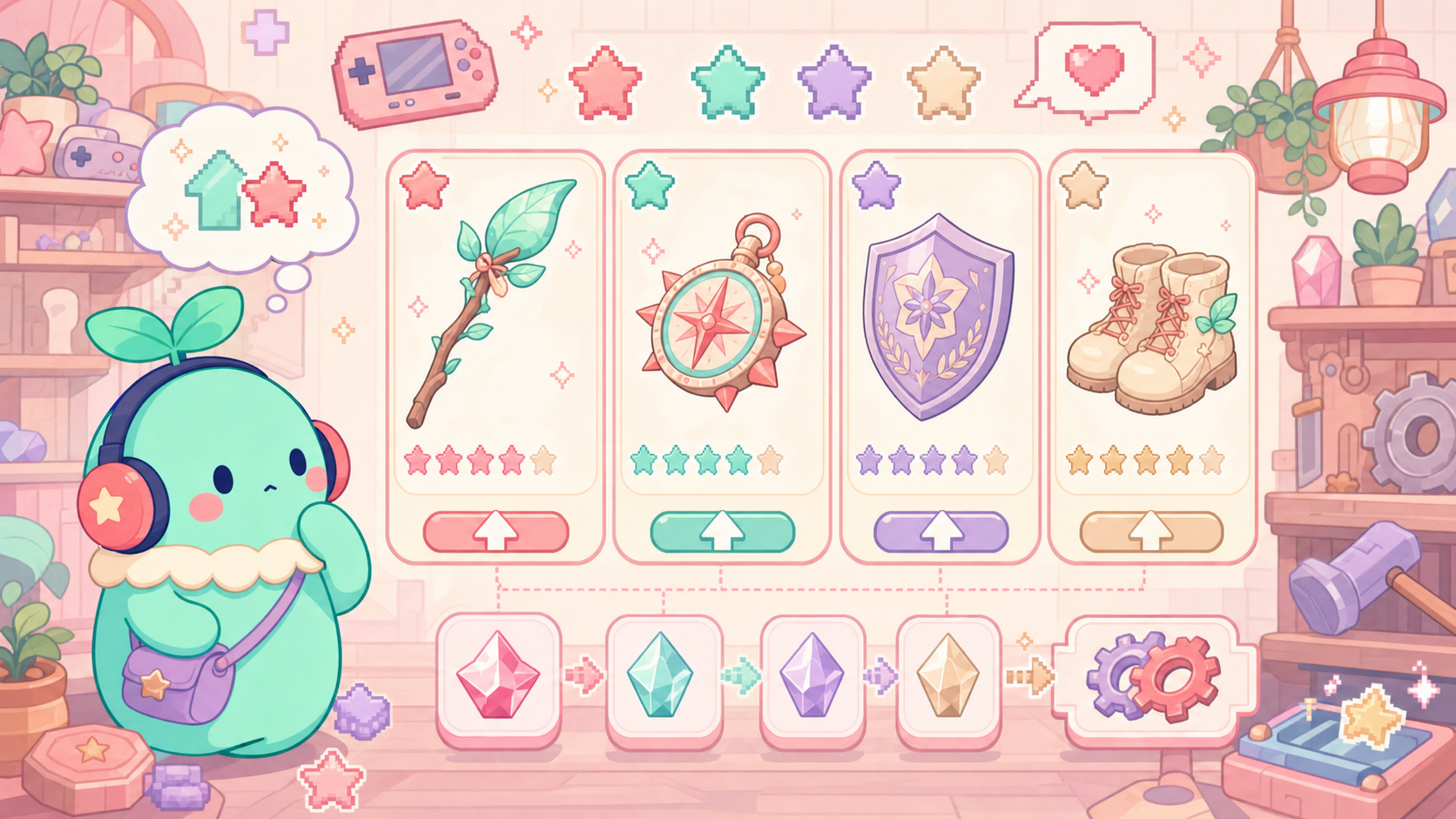 【ドラクエウォーク】は今から始めても面白い?無課金でも遊べる?感想&レビュー! ドラクエウォークの装備・そうび強化画面。星のレアリティが並んだ武器一覧のイメージ