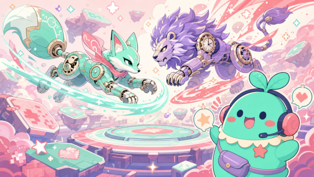 【ドラゴンボールレジェンズ】は今から始めても面白い？無課金でも遊べる？感想＆レビュー！のアイキャッチ。まめちゃんがゲームの世界を案内するイメージ