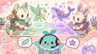 【遊戯王 デュエルリンクス】は今から始めても面白い？感想＆レビュー！のアイキャッチ。まめちゃんがゲームの世界を案内するイメージ