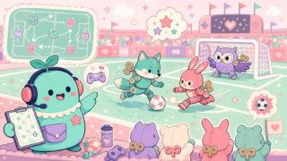 【eFootball（イーフト）】は今から始めても面白い？無課金でも遊べる？感想＆レビュー！のアイキャッチ。まめちゃんがゲームの世界を案内するイメージ