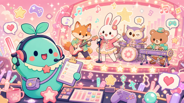【あんさんぶるスターズ！！Music】は今から始めても楽しめる？無課金でも遊べる？感想＆レビュー！のアイキャッチ。まめちゃんがゲームの世界を案内するイメージ