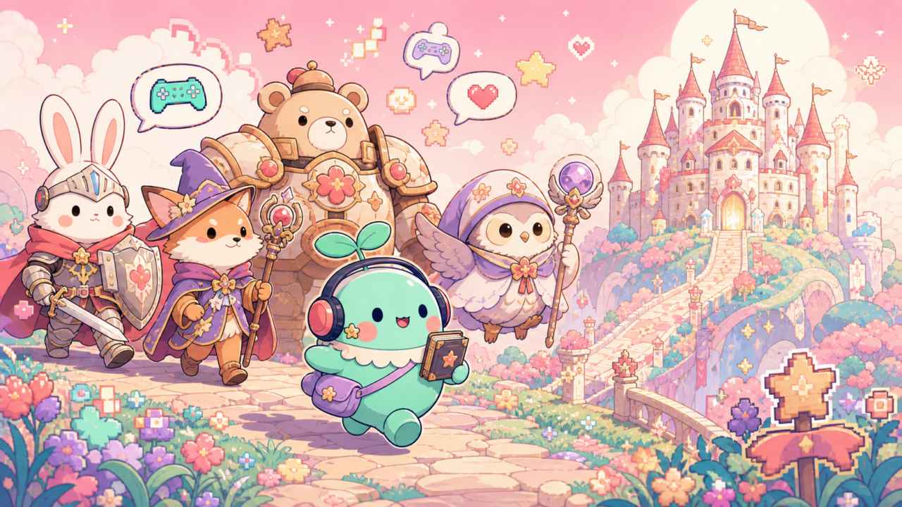 【エピックセブン】は今から始めても面白い？感想＆レビュー！のアイキャッチ。まめちゃんがゲームの世界を案内するイメージ