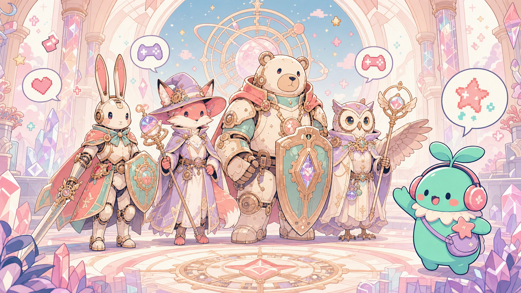 【エピックセブン】は今から始めても面白い？感想＆レビュー！ タイトル画面で主人公たちが一列に並び、光をまといながらこちらを見つめているオープニングの一場面