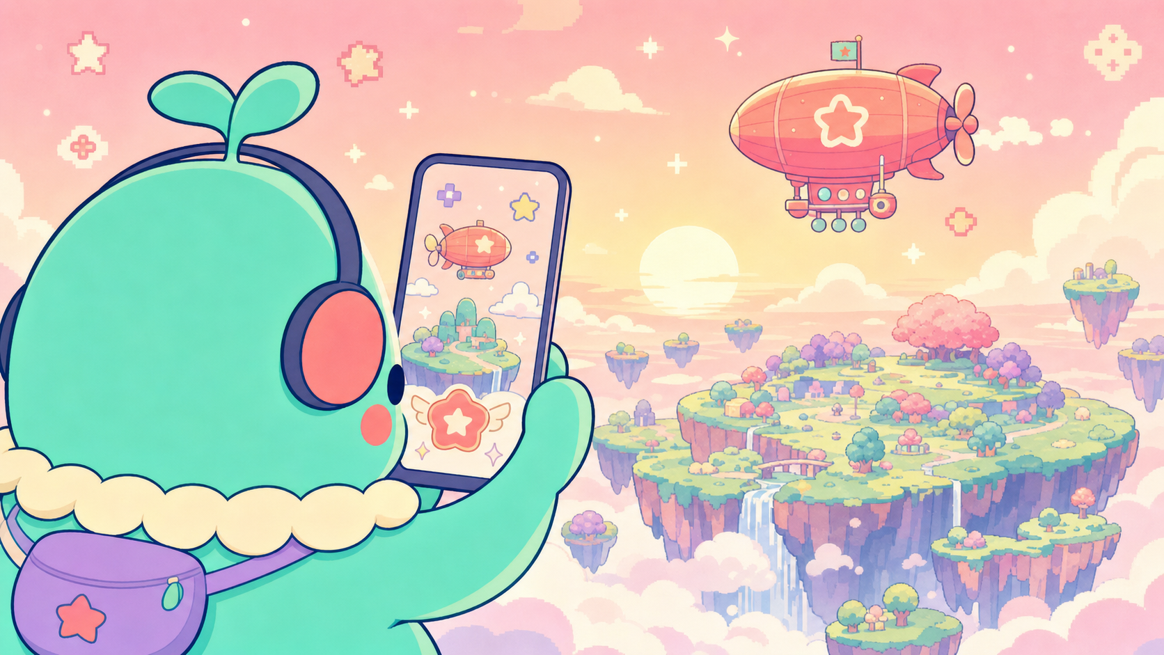【フォートナイト】スマホでも遊べる？始め方と感想＆レビュー！ スマホを縦持ちしてバスから飛び降りる瞬間の島の全景。夕焼けに染まったマップが眼下に広がっている