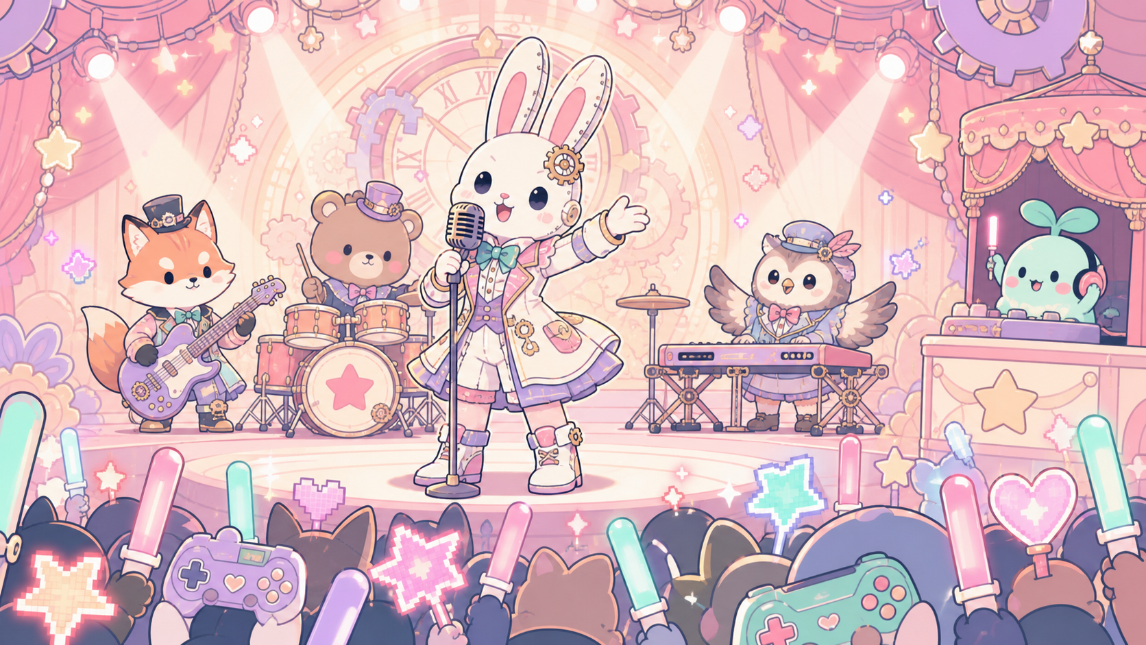 【学マス】は本当に面白い?アイドル育成の魅力を正直レビュー! ライブステージでスポットライトを浴びながらセンターで歌うアイドルを、客席側のローアングルから捉えた迫力ある一枚