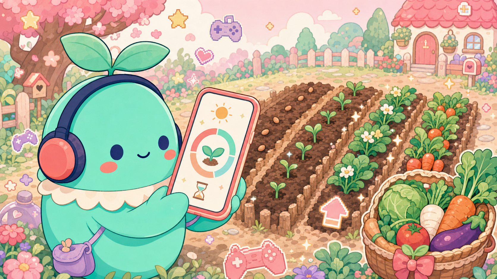 【ヘイデイ】は本当に面白い？のんびり農場ゲームの魅力を正直レビュー！ スマホ画面に表示された作物の栽培タイマーと、収穫を待つプレイヤーの手元のイメージ