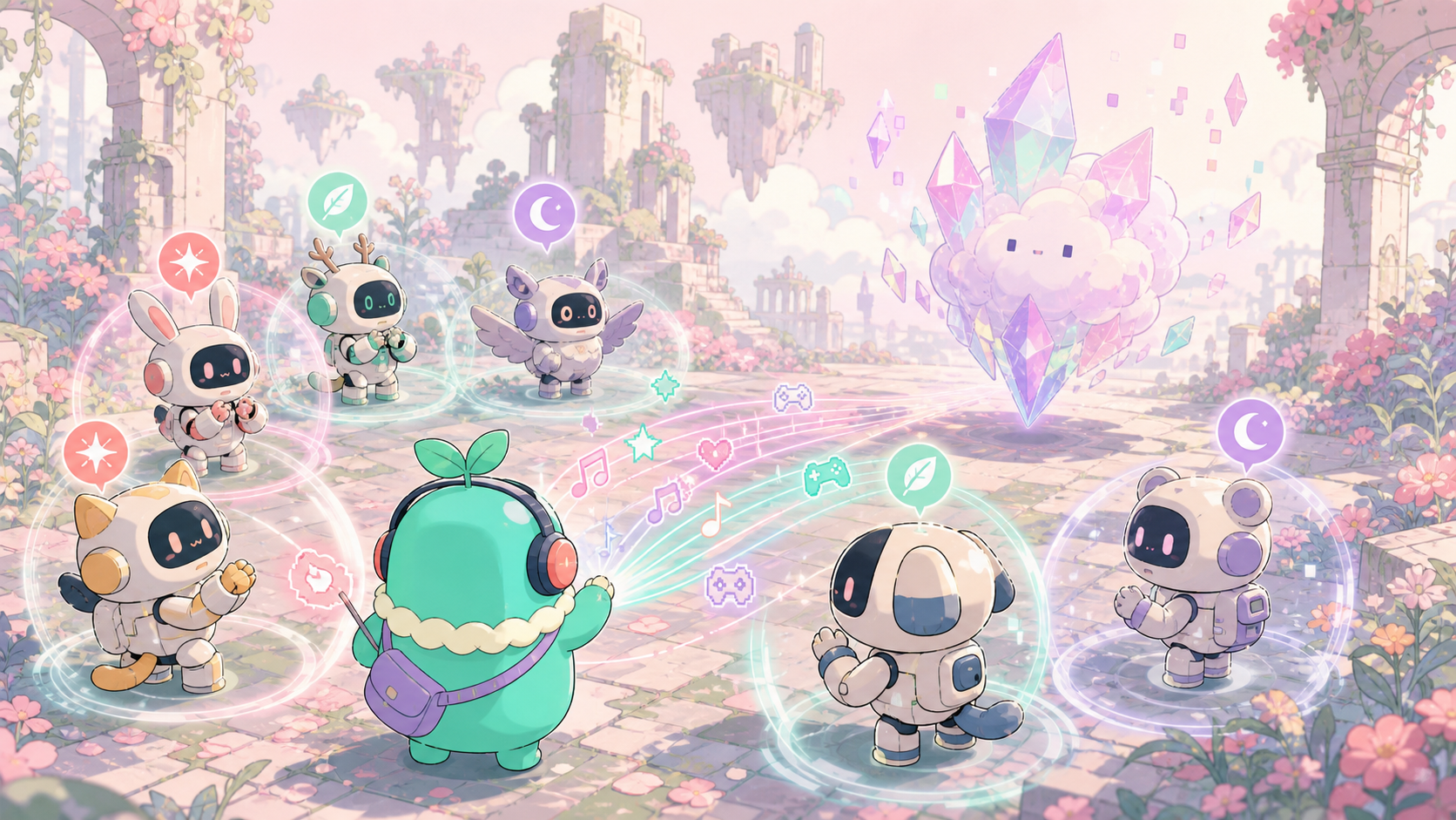 【ヘブバン】は今から始めても面白い？無課金でも遊べる？感想＆レビュー！ 終末世界を舞台にした戦闘画面。属性アイコンの付いた少女たちがキャンサーと対峙している様子