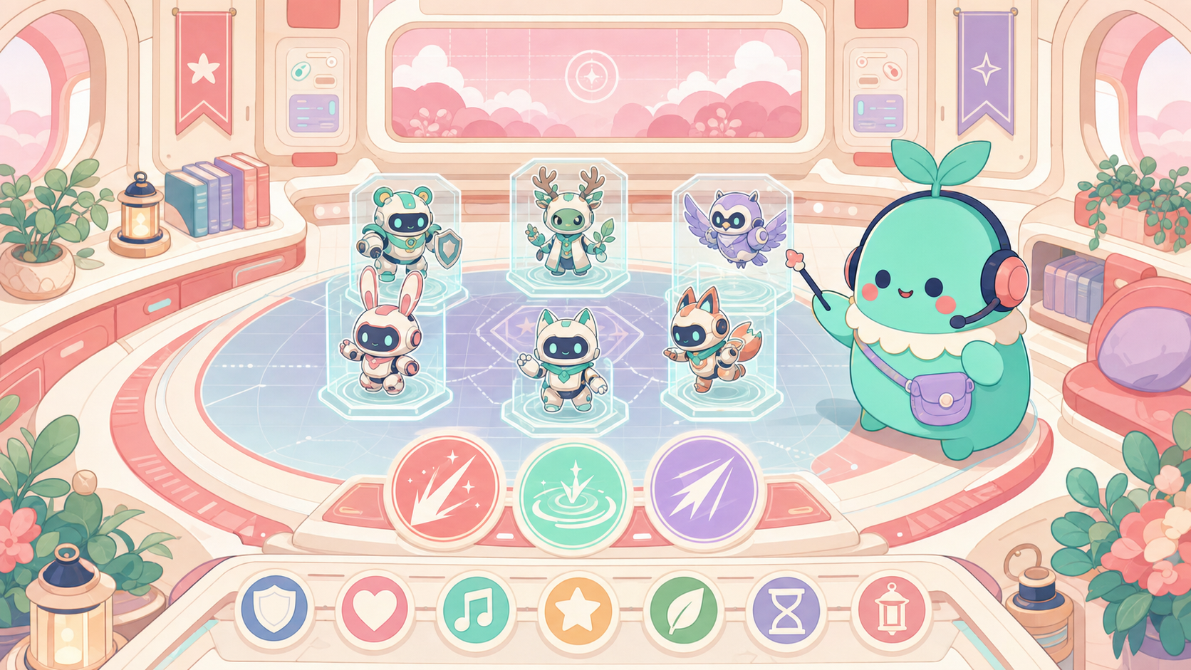【ヘブバン】は今から始めても面白い？無課金でも遊べる？感想＆レビュー！ パーティ編成画面。斬・打・突の属性と7つの役割を組み合わせて6人編成を作っている画面