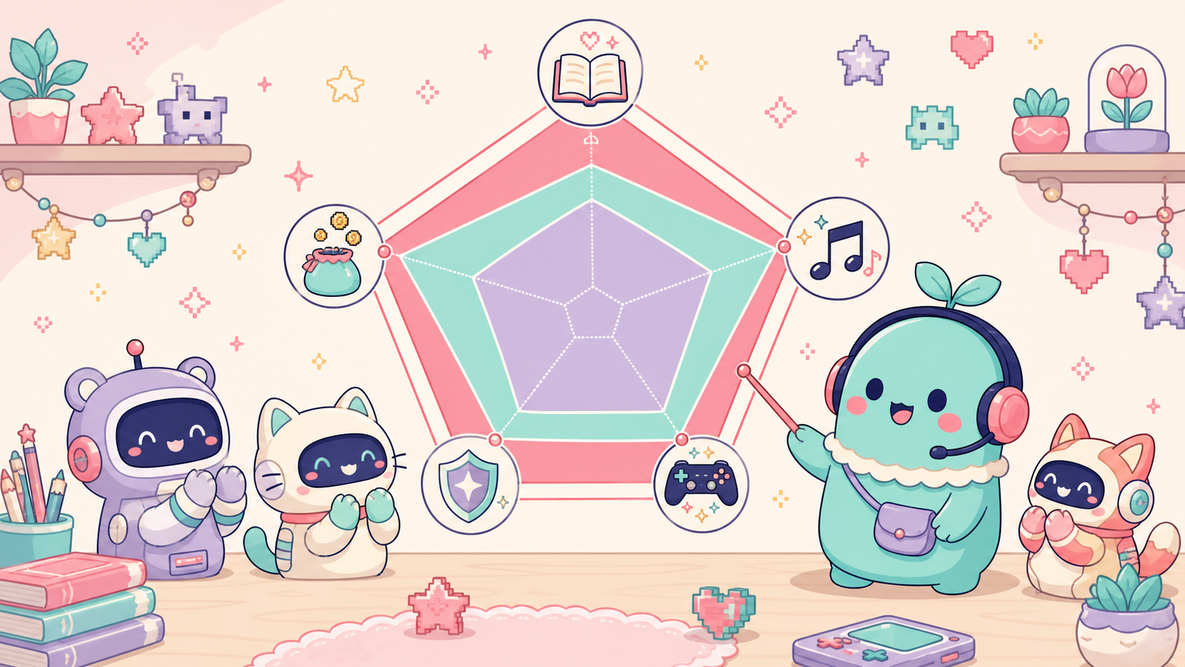 【ヘブバン】は今から始めても面白い？無課金でも遊べる？感想＆レビュー！ 採点結果を示すレーダーチャート風のイメージ。ストーリーと音楽が突出して高い五角形のグラフ