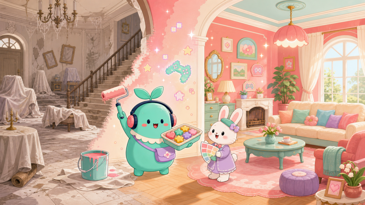 【ホームスケイプ】は広告どおり？実際に遊んだ感想＆レビュー！のアイキャッチ。まめちゃんがゲームの世界を案内するイメージ
