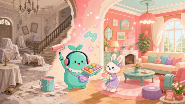 【ホームスケイプ】は広告どおり？実際に遊んだ感想＆レビュー！のアイキャッチ。まめちゃんがゲームの世界を案内するイメージ