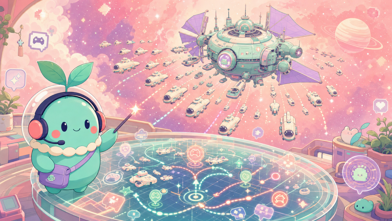 【インフィニットラグランジュ】は本当に面白い？宇宙艦隊ストラテジーを正直レビュー！のアイキャッチ。まめちゃんがゲームの世界を案内するイメージ