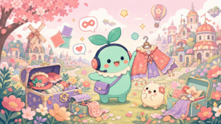 【インフィニティニキ】は本当に面白い？着せ替えオープンワールドを正直レビュー！のアイキャッチ。まめちゃんがゲームの世界を案内するイメージ