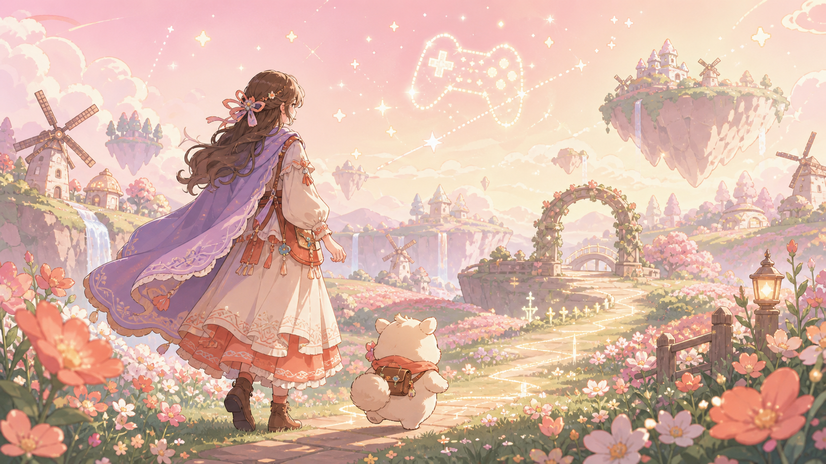 【インフィニティニキ】は本当に面白い？着せ替えオープンワールドを正直レビュー！ 淡い光に包まれたミラランドの草原を、白いドレス姿のニキが猫のモモと並んで歩いているオープニングシーン
