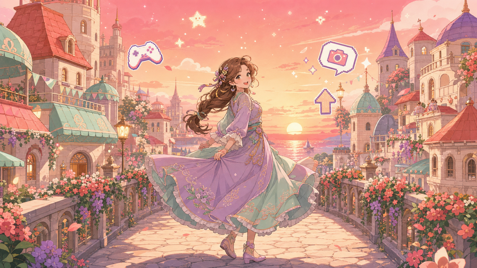 【インフィニティニキ】は本当に面白い？着せ替えオープンワールドを正直レビュー！ 夕暮れのオレンジ色に染まった街並みを背景に、青いドレスを着たニキが橋の上でくるりと振り返るフォトモード風のカット