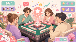 【雀魂（じゃんたま）】は初心者でも楽しめる？無課金でも遊べる？感想＆レビュー！のアイキャッチ。まめちゃんがゲームの世界を案内するイメージ