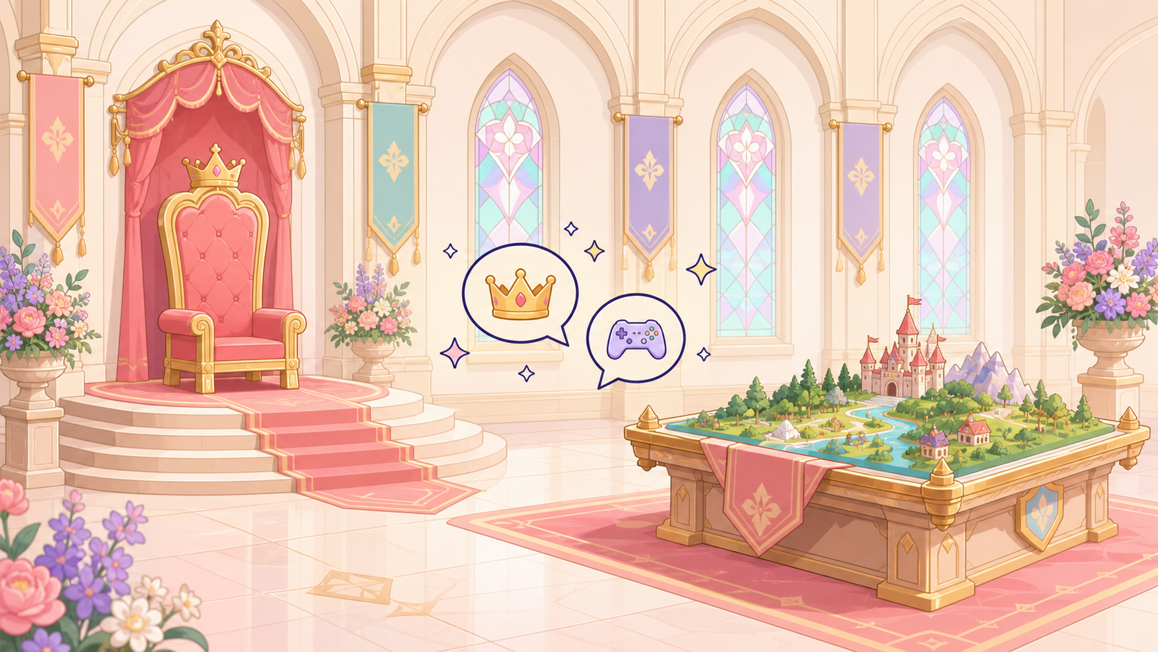 【キングスチョイス】は本当に面白い？中世宮廷ゲームの魅力を正直レビュー！ 王冠と玉座が並ぶ荘厳な謁見の間。差し込む光がステンドグラスを通して床に色を落としている