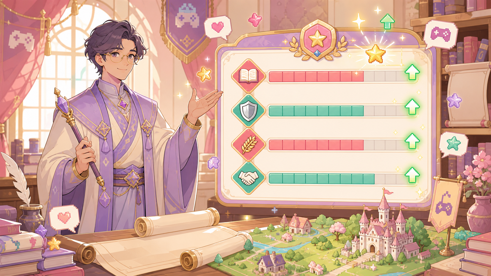 【キングスチョイス】は本当に面白い？中世宮廷ゲームの魅力を正直レビュー！ 能力値が並んだ臣下の育成画面。星の数がひとつ増え、パラメータが緑色にアップしていく瞬間
