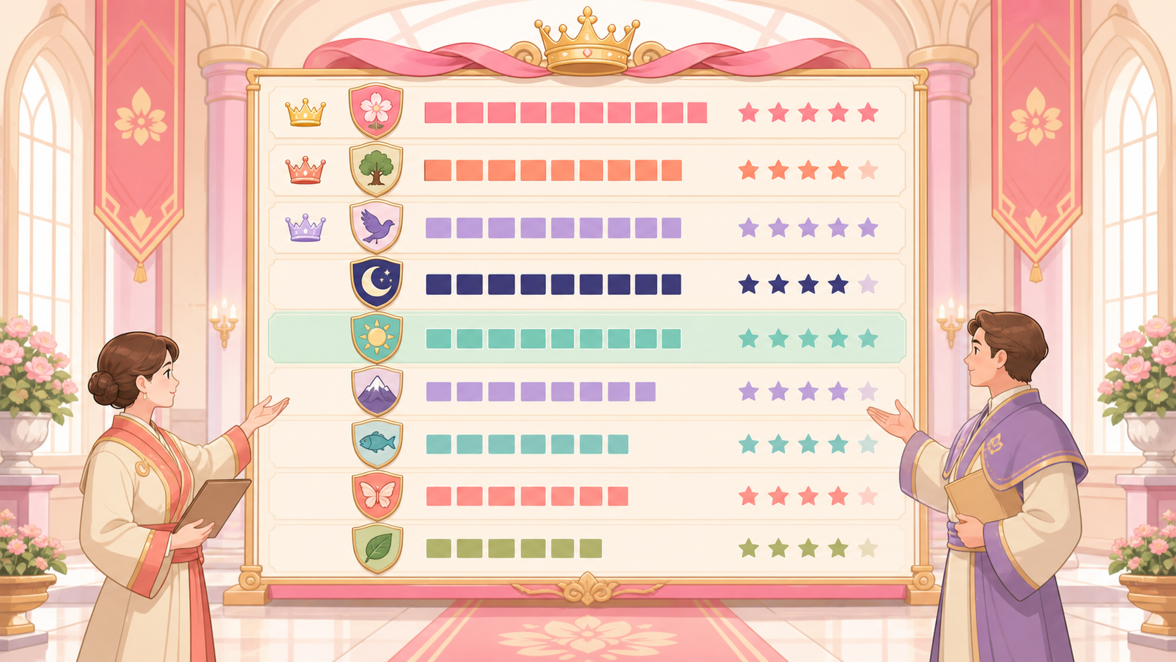 【キングスチョイス】は本当に面白い？中世宮廷ゲームの魅力を正直レビュー！ サーバーランキングの一覧画面。上位プレイヤーの名前の横に王冠マークが並び、自分の順位が中ほどに表示されている