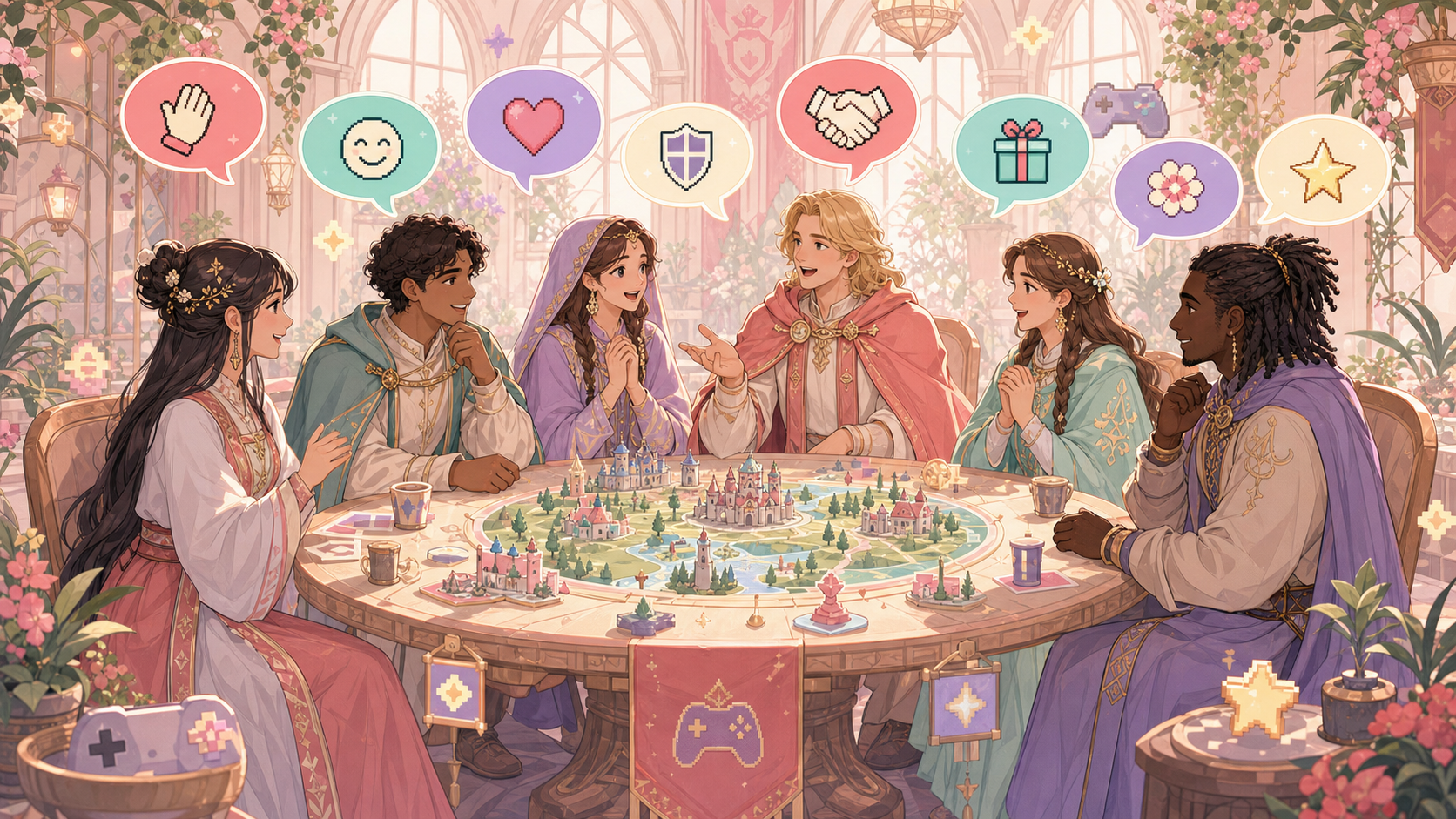 【キングスチョイス】は本当に面白い？中世宮廷ゲームの魅力を正直レビュー！ 同盟チャットの画面。世界各国のプレイヤーからの応援メッセージやスタンプが流れ、初心者への歓迎コメントが並んでいる