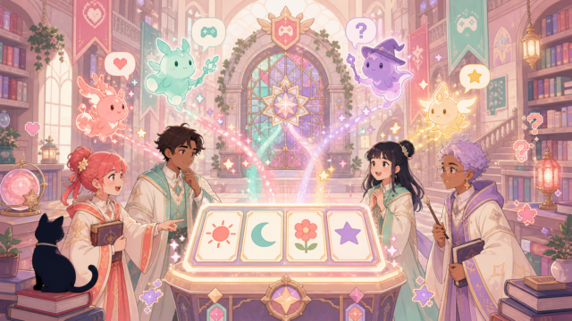【黒猫のウィズ】は今から始めても面白い？無課金でも遊べる？感想＆レビュー！のアイキャッチ。まめちゃんがゲームの世界を案内するイメージ