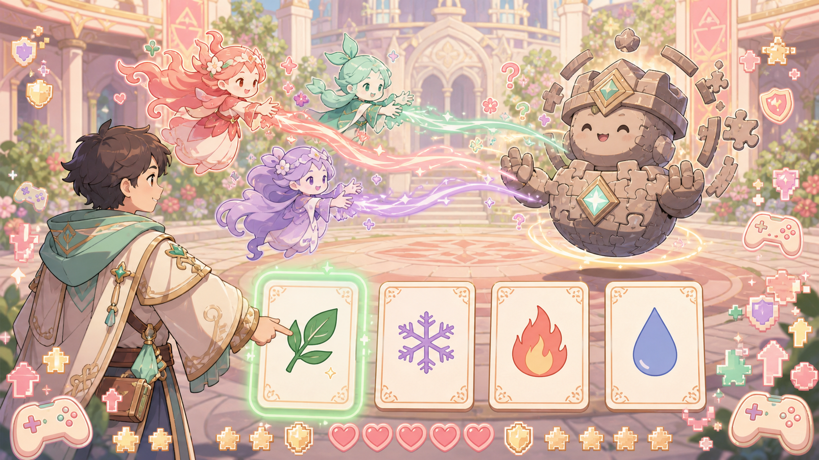 【黒猫のウィズ】は今から始めても面白い？無課金でも遊べる？感想＆レビュー！ 黒猫のウィズのバトル画面。4択クイズに答えて精霊が魔法を放つ様子