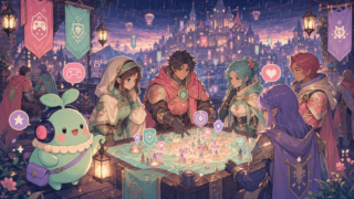 【リネージュW】は今から始めても面白い？感想＆レビュー！のアイキャッチ。まめちゃんがゲームの世界を案内するイメージ