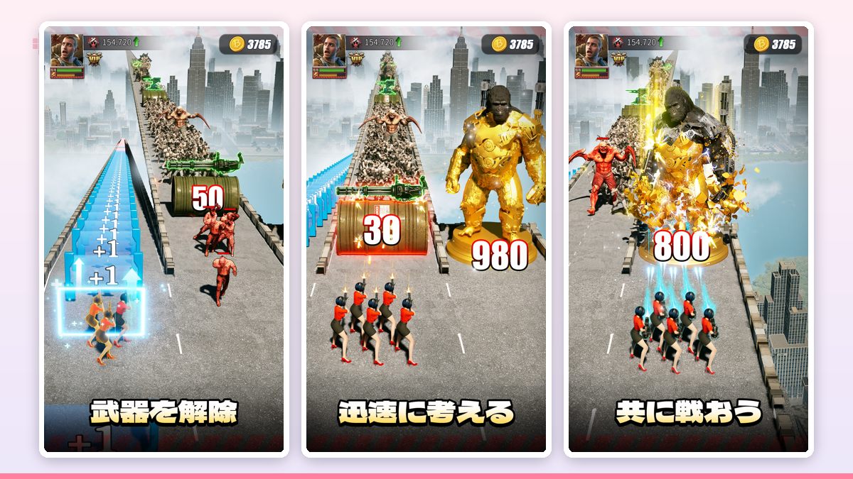 3マッチパズルの盤面を操作し、そろえたブロックの上に立つゾンビへエフェクトが飛んでいく戦闘シーンのアップ