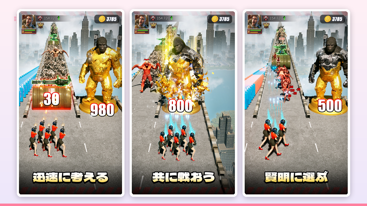キャラクター育成画面で、複数のヒーローカードがずらりと並び、装備やスキルを強化するアイコンが表示されているUI